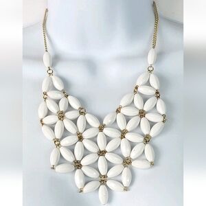 Gold-Tone White Floral Bib Necklace 22" Acrylic Water Fall Statement Adjustable